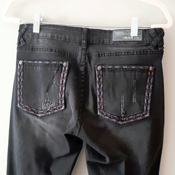 EUC Grace in LA black braided trim accent skinny denim jeans, 30 - Picture 13 of 15